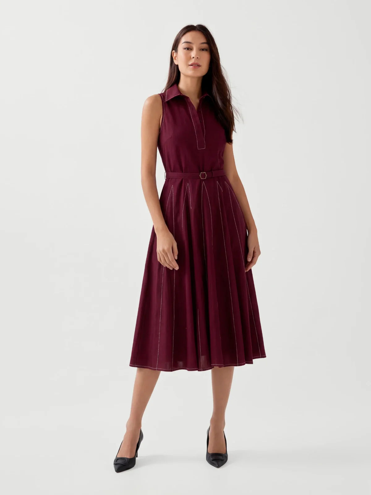 Maroon Fit And Flare Dress With Detachable Waist Belt