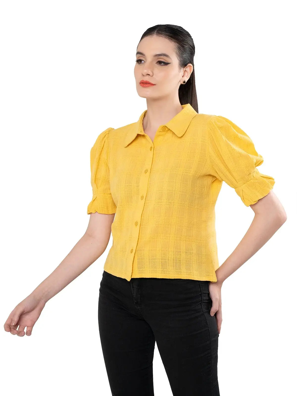 Yellow Puff Sleeve Crop Shirt