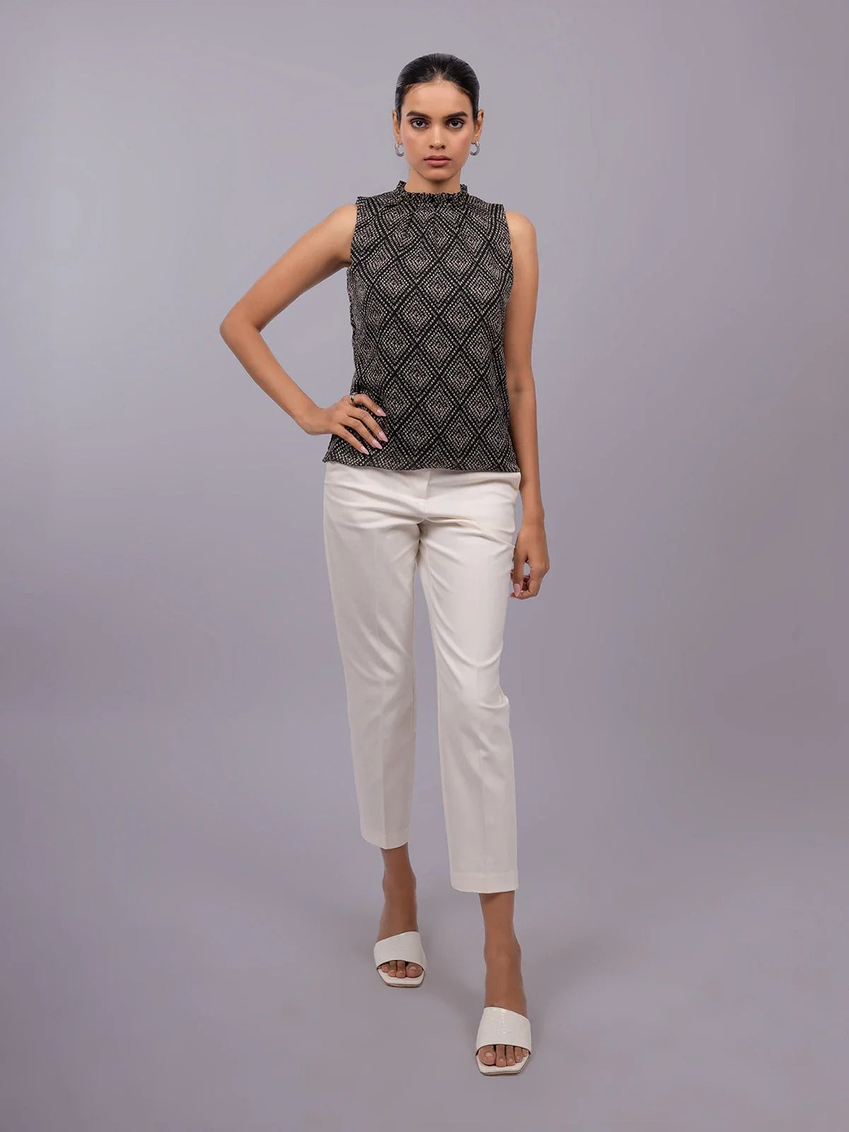 Black Printed High Neck Sleeveless Formal Top