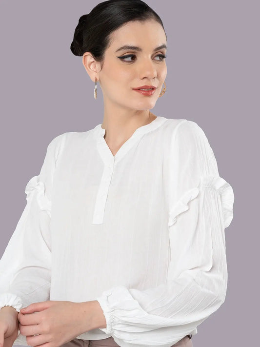 White Mandarin Collar Regular Top