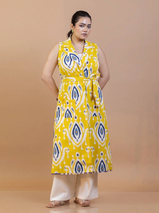 Yellow Ikat Cotton Long Shrug