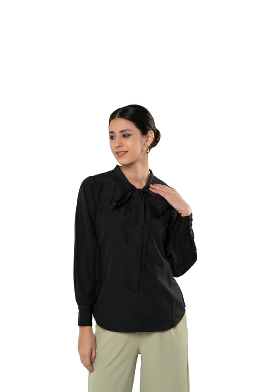 Black Crepe V-neck With Ties And Bishop Sleeve Top