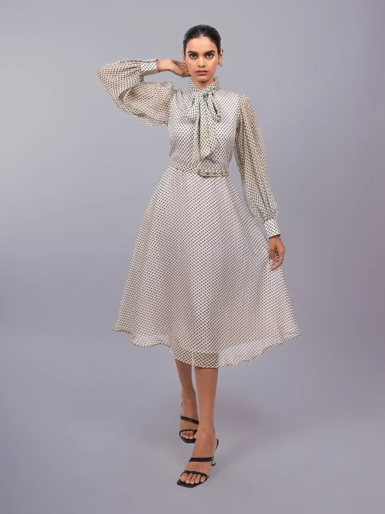 Off-White Formal Tie-up Neck Bishop Sleeve Fit and Flare Dress